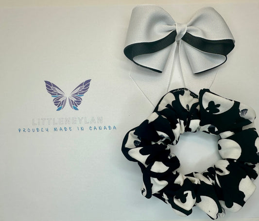 White and black hair bow and scrunchie